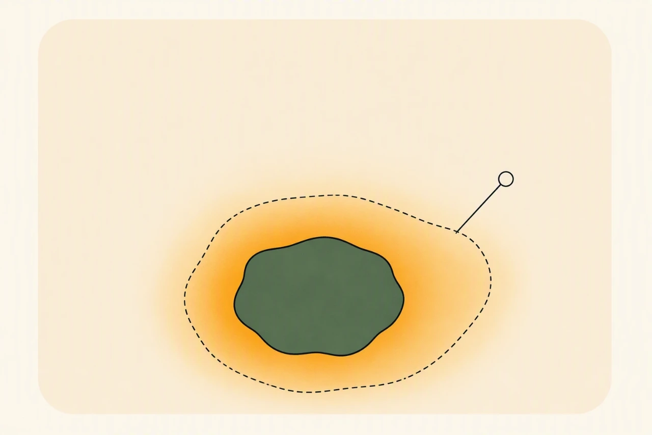 Diagram of redness and warmth spreading from the wound edge onto the surrounding healthy skin — a warning sign