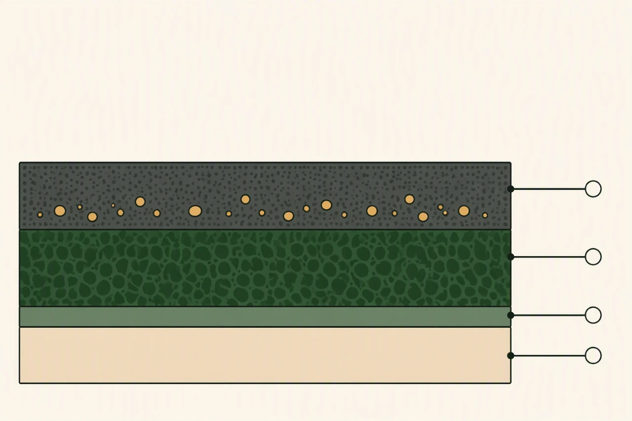 Diagram of a dressing with an activated-charcoal layer trapping odour above the contact and absorbent layers