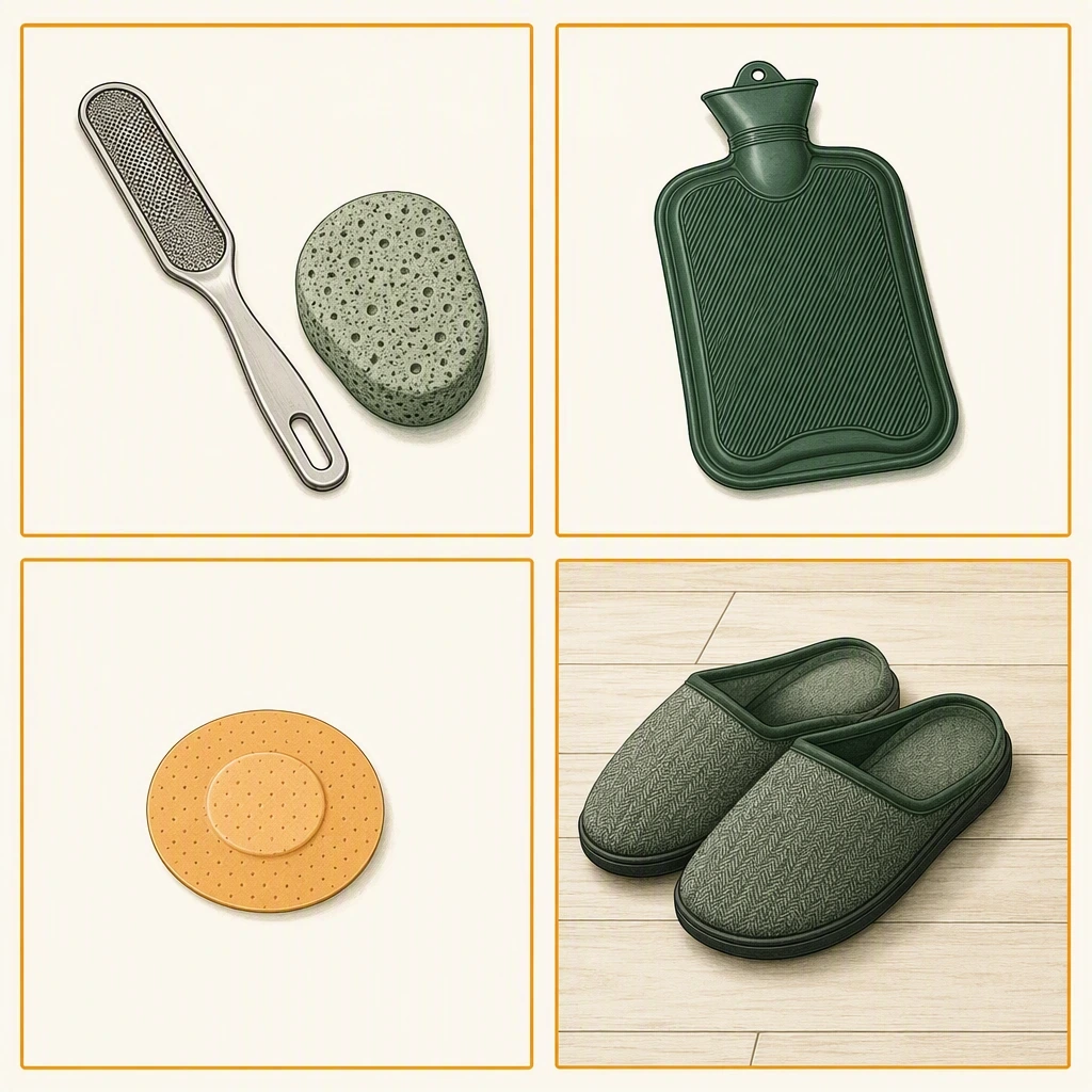 Four-tile grid of high-risk home-care items: foot file and pumice, hot water bottle, corn plaster, slippers