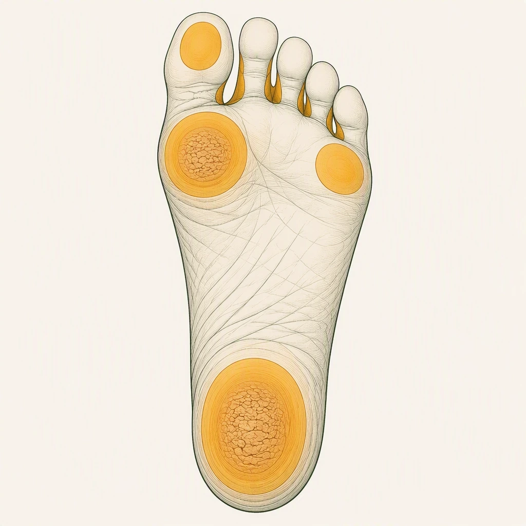 Diagram of the sole of the foot marking high-pressure areas: heel, ball of foot and web spaces